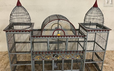 Cage à oiseaux à double dômes En bois laqué gris 92 x 111 x 32...