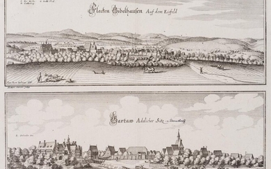Caspar Merian (1627-1686), View of Gieboldehausen and Gartow in Lower Saxony, veduta with domicile of the Bernstorff family, 1654, Etching