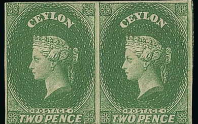 Ceylon 1857-59 Imperforate Watermark Star 2d. yellowing green horizontal pair with clear to goo...