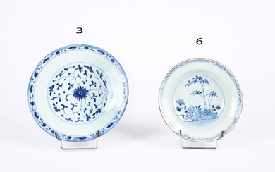 Chine, XVIIe, XVIIIe et XIXe siècle. Trois assiettes en porcelaine bleu-blanc, l’une, de type Kraak,...
