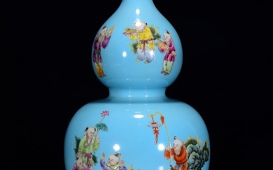 Chinese Blue Ground Famille Rose Kids Design Porcelain Vase
