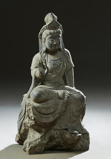 Chinese Carved Black Marble Goddess of Mercy Figure