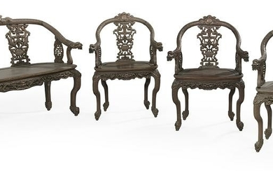 Chinese Carved Medang Wood Chairs with Settee