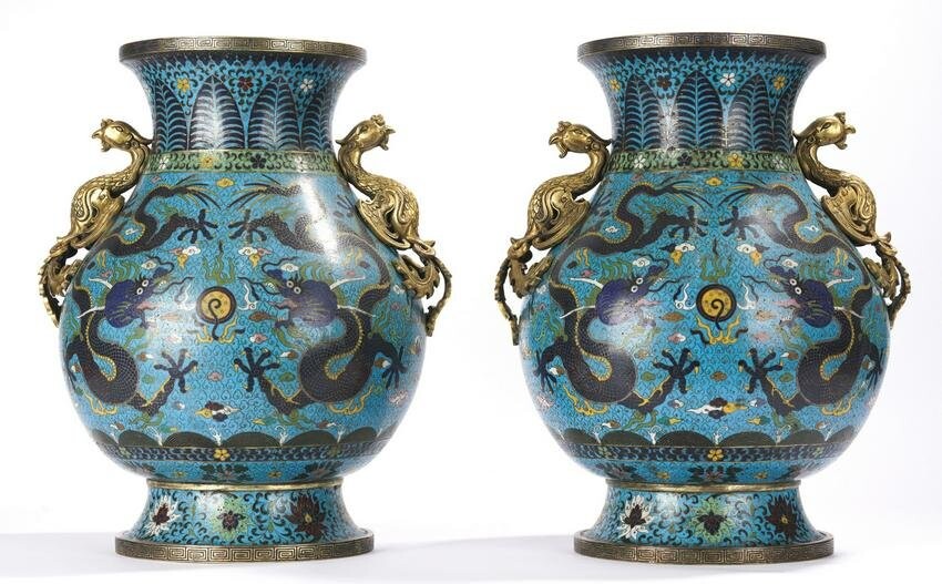 Chinese Cloisonne Enamel Dragon Vase Pair