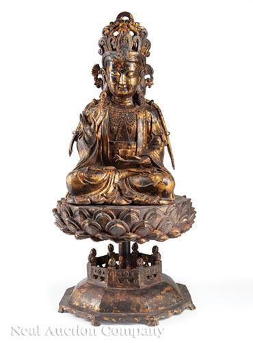 Chinese Partial Gilt Bronze Figure of Guanyin