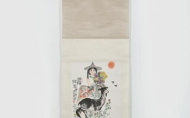 Chinese watercolor scroll painting girl and goats