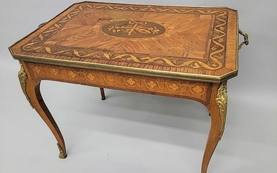 Circa 1920's Inlaid & Brass Ormolu French Coffee or End Table. All brass trim with extensive inlay