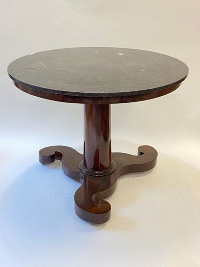 Circular pedestal table in veneer wood and grey marble, triskel-shaped...