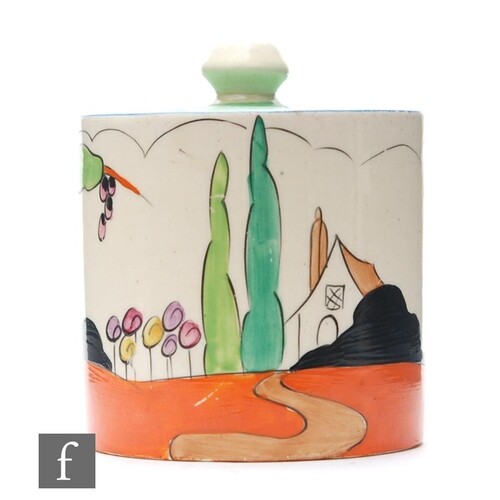 Clarice Cliff - Applique Idyll - A drum shaped preserve pot ...