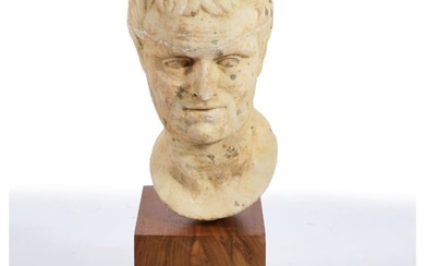 Classical Greco-Roman carved stone marble head of a man; male bust on wooden base. 18 1/2" x 8" x