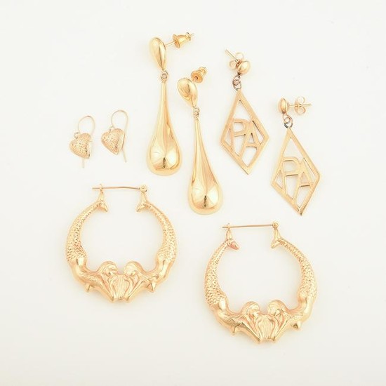 Collection of Four Pairs of 14k Yellow Gold Earrings.