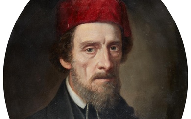 Continental School (19th century), Portrait of a man in a red hat, oil on board, 24 x 20in (61 x 51cm)