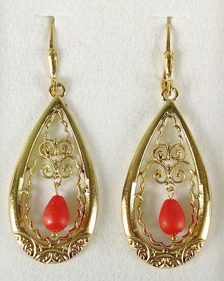 Coral earrings, foldable earwire with antique salmon red sardegna coral drops, set by fine decorate