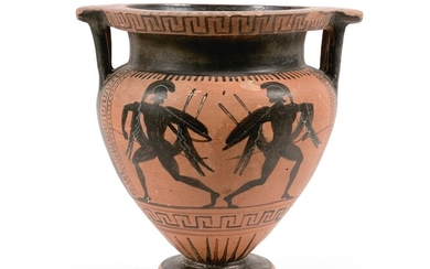 Cratère à colonnettes à figures noires représentant sur les deux faces : deux hoplites combattant....