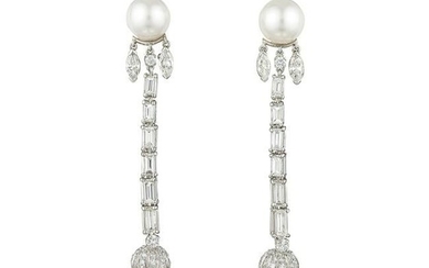 Cultured Pearl and Diamond Long Dangle Earclips