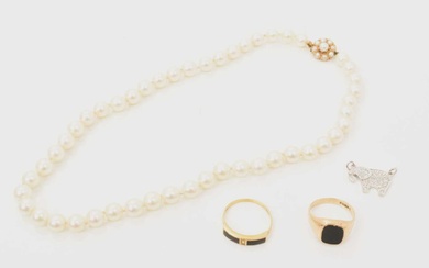 Cultured pearl necklace with a string of 6.7mm cultured pearls on 9ct gold clasp, 18ct black onyx and diamond ring, 9ct gold and onyx signet ring and a diamond set elephant pendant with pavé set br...