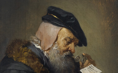DAVID TENIERS II (ANTWERP 1610-1690 BRUSSELS) An elderly man with spectacles reading a letter - Allegory of Sight(?)