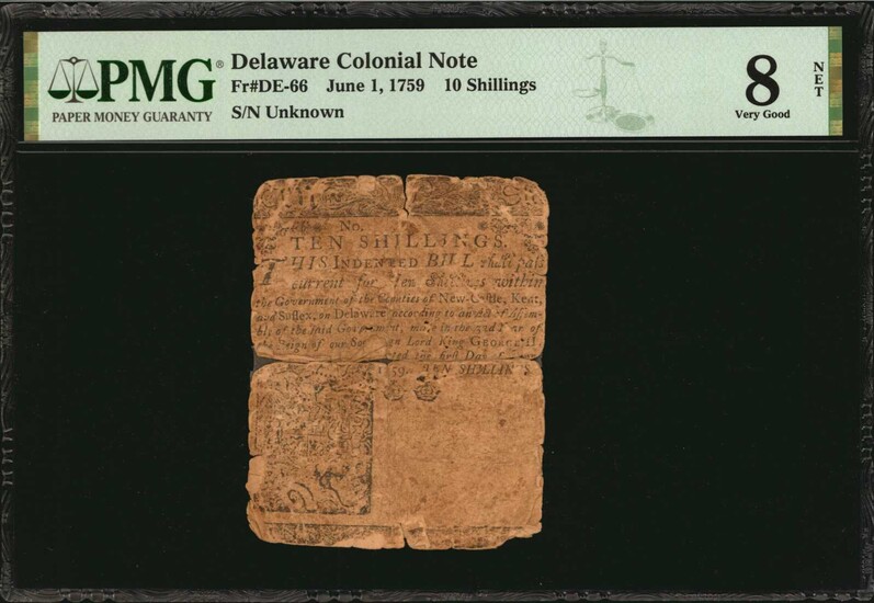 DE-66. Delaware. June 1, 1759. 10 Shillings. PMG Very Good 8 Net. Tape Repair.