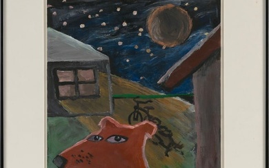 D.P. MOBEE (20th Century,), "Moon and Watchdog"., Oil on paper, 16" x 12.5". Framed 23" x 17.25".