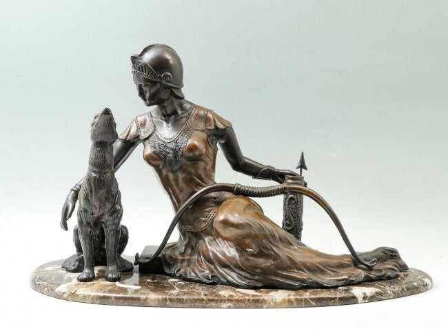 DRAMATIC BRONZE OF DIANA THE HUNTRESS AND HOUND