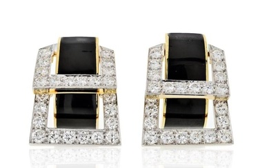 David Webb Strap Platinum & 18K Yellow Gold Black Enamel And Diamond Earrings