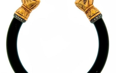 Diamond Black Onyx Gold Sphinx Bangle Bracelet, Egyptian Revival