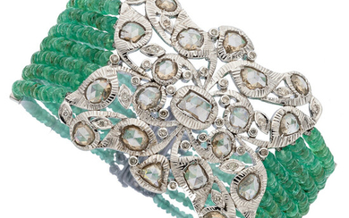 Diamond, Emerald, White Gold Bracelet Stones: Rose-cut diamonds; full-cut...