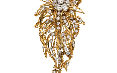 Diamond, Gold Brooch The brooch features European and transitional-cut...