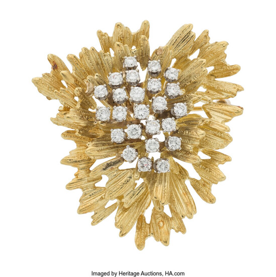 Diamond, Gold Brooch The brooch features full-cut diamonds weighing...