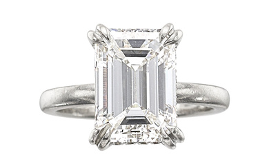 Diamond, Platinum Ring Stones: Emerald-cut diamond weighing 5.01 carats;...