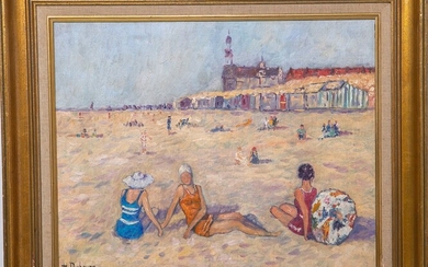Dubourg, Hélène (20e siècle), scène de plage peinte de manière impressionniste, huile/noir, env. 40 x...