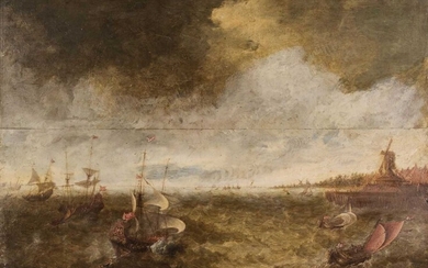 Dutch School, 17th Century School, Dutch galleons on choppy seas