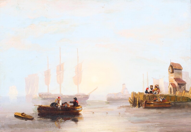 Dutch School, late 19th century, seascape with figures on boats, oil on board