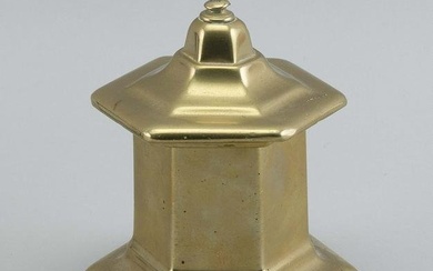 EARLY CONTINENTAL BRASS COVERED CONTAINER 18th Century Height 5.25”. Base diameter 4”.