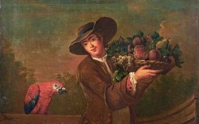 ECOLE FRANCAISE du XVIIIe siècle Portrait de jeune homme portant une corbeille de fruits, un...