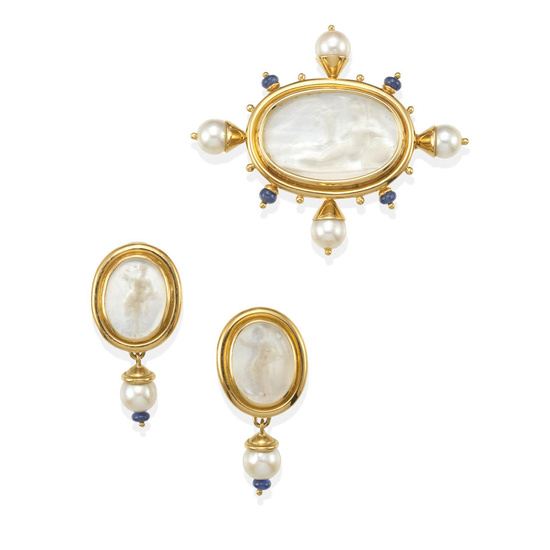 ELIZABETH LOCKE: A PAIR OF GOLD AND GEM-SET EARRINGS AND...