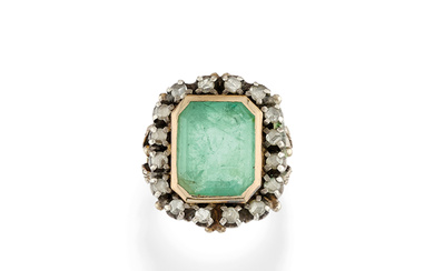 EMERALD AND DIAMOND RING in antique style silver topped...