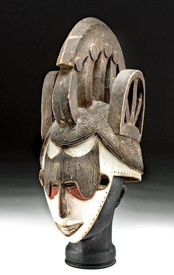 Early 20th C. African Igbo Polychrome Wood Helmet Mask