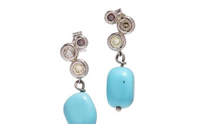 Earrings White gold, 18kt. white gold pair of turquoise drop earrings with diamonds