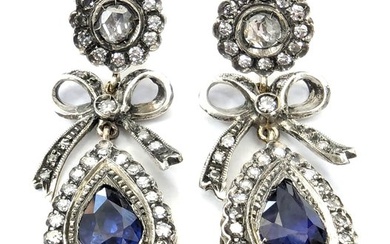 Earrings - Yellow gold, Silver Pear Sapphire - Diamond