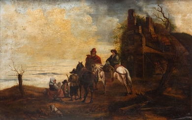 Ecole hollandaise du XVIIème siècle. Le départ à cheval. Huile sur panneau de bois. H_33...