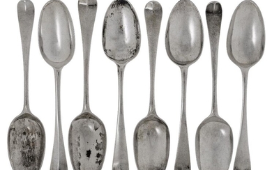 Eight 18th century Hanoverian rat-tail pattern table spoons, various dates and makers including; a George I example by Henry Clarke I; two George III examples, London, 1763, one by William Withers; and a George II example, London, 1756, Ebenezer...