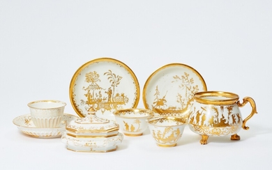 Eight items of Meissen Böttger porcelain with Augsburg gilt decor