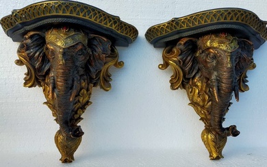 Elephant Heads - Wall Console - Pair of 2 - oriental style - Resin/Polyester