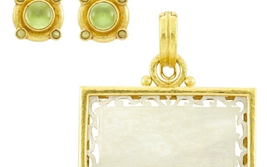 Elizabeth Locke Pair of Gold and Cabochon Peridot Earrings and Gold and Carved Mother-of-Pearl Pendant