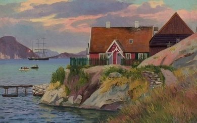 Emanuel Aage Petersen (1894-1948), Oil painting on canvas. Greenlandic village. In the background