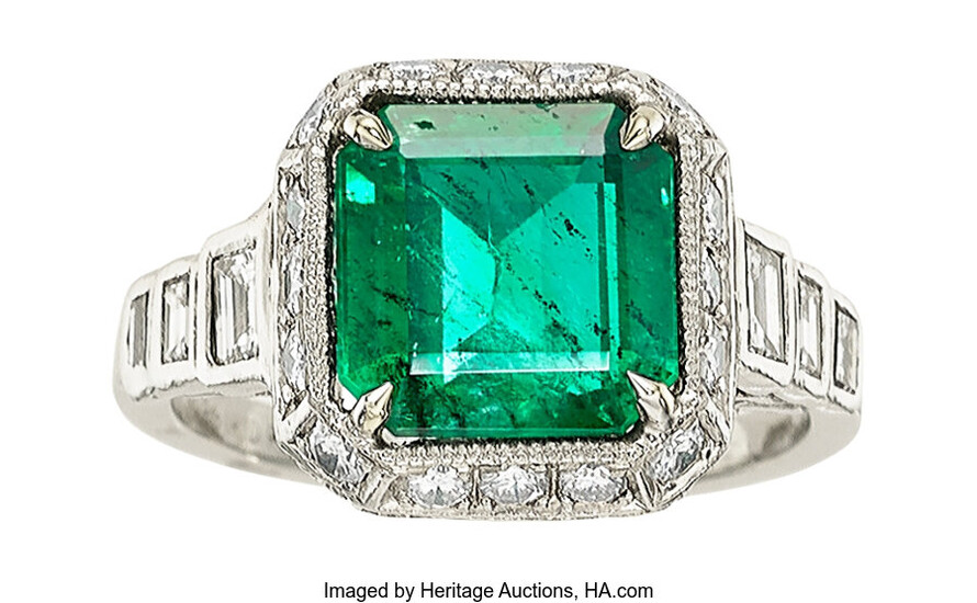 Emerald, Diamond, Platinum Ring Stones: Octagonal step-cut emerald weighing...
