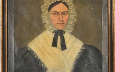 Erastus Salisbury Field. Folk art portrait of a woman wearing a bonnet and holding a book. Oil on
