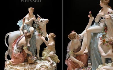 Europa On The Bull, 19th C. German Meissen Hand Painted Porcelain Figural Group, Hallmarked