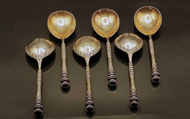 FABERGE - RUSSIAN LARGE 6 SILVER TABLE SPOONs